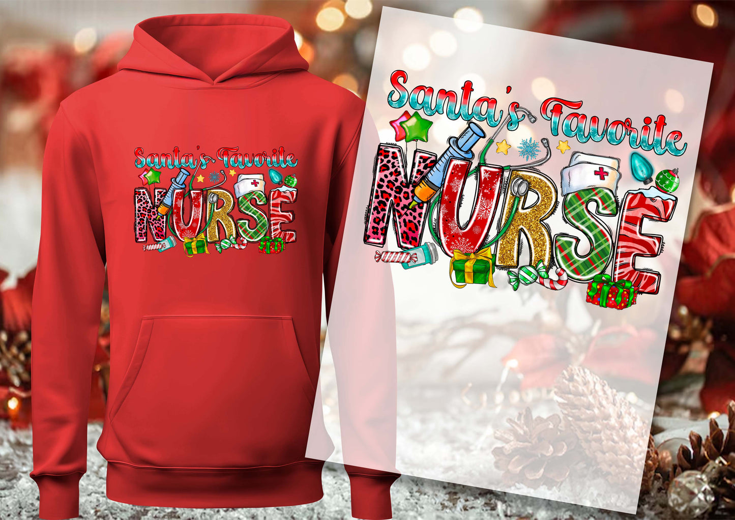 Santa's Favorite Nurse  DTF Transfers, Ready To Transfer, DTF Prints,